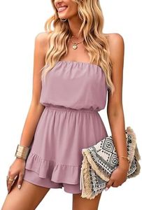 ECOWISH Women Off Shoulder Romper Strapless Floral Print Striped Beach Shorts Jumpsuit 497Pink Large