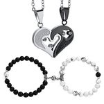 Cupimatch 4pcs I Love You Heart Puzzle Pendant Necklace Magnetic Black Matte Agate &White Howlite Beads Couples Bracelets His and Hers Distance Matching Jewelry Set