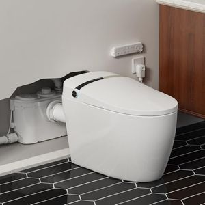 Smart Bidet Toilet with Macerator Pump,Upflush Macerating Toilet System, One Piece Tankless Toilet with Heated Dryer Warm Water, Remote Control, 4 Inlets for Toilet, Laundry, Sink, Shower