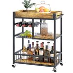 Azheruol Bar Cart with Basket 3 Tiers Home Rolling Wine Rack with Wheels Mobile Kitchen Industrial Vintage Style Wood Metal Serving Trolley Serving Cart,Glass Holder Bar Cabinet…