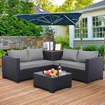 Outdoor PE Wicker Patio Furniture Set 4 Piece Black Rattan Sectional Loveseat Couch Set Conversation Sofa with Storage Box Glass Top Table and Non-Slip Grey Cushion