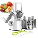 Ourokhome Rotary Cheese Grater Shredder - 3 Drum Blades Manual Speed Round Food Slicer Nut Grinder with Strong Suction Base for Cheese, Vegetable, Walnut, Chocolate, Potato, Carrot, White Gray