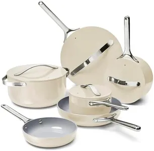 Caraway Deluxe Nonstick Ceramic Cookware Set (16 Piece) Pots, Frying Pans, Lids and Kitchen Storage - PFAS & PFOA Free - Oven Safe Ceramic Pan Set & Compatible with All Stovetops - Cream