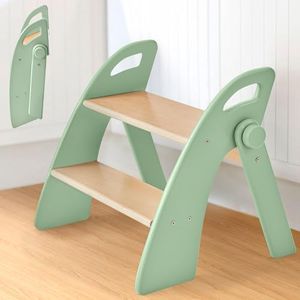 Reeple Wooden 2 Step Stool for Toddlers, Foldable 2-Step with Non-Slip Pads and Handles, Bamboo Step Stool for Kids Bathroom Sink and Potty Training, Kitchen Helper, Nursery Bedroom (Green)