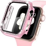 FOLX FAB25 Apple Diamond Watch Case with Glass Screen Protector Compatible with Apple iWatch Series 7/6/5/4/3/2/1/SE, Bling Crystal Diamond Rhinestone for Women Girls iWatch (40MM, Rose Pink)