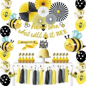 NAIWOXI What Will It Bee Gender Reveal Party Supplies - Bumble Bee Gender Reveal Decorations for Kids Baby Shower, Banner, Table Cloth, Sash, Paper Fans, Cake Topper, Balloons, for Baby Reveal Party