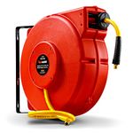 REELWORKS Air-Water-Hose-Reel Retractable 3/8" Inch x 50’ Feet Premium Commercial Flex Hybrid Polymer Hose Max 300 PSI Heavy Duty Polypropylene Case Construction Industrial Spring Driven