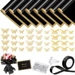 93Pcs Flower Bouquet Wrapping Paper Kits, 20 Sheets Christmas Black Waterproof Floral Wrapping Paper 10 Greeting Cards 12 Gold Butterfly 50 Flower Pins 1 Roll Ribbon for Birthday Party