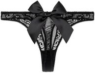 OYOANGLE Women's Bow Sheer V-Strings Low Rise Thong Panties Underwear Black M