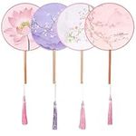 BAOZOON 4 Pcs Translucent Silk Ancient Round Fan Classic Chinese Hand Held Fan Floral Pattern Palace Paddle Dance Fan with Tassel Wooden Handle for Home Decor