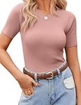 Zeagoo Women's Short Sleeve Shirt Basic Tops Crewneck Ribbed Knit Slim Fit T Shirt Cute Summer Outfits