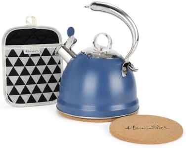 Harriet Tea Kettle Stovetop, 2.5 Quart Whistling Stainless Steel Tea Pot, 3-Layer Base, Unique Ergonomic Handle, Includes Pot Holder & Mat, Electric/Induction/Gas Stovetops Applicable, Blue