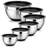 HaWare Mixing Bowl Set of 6, Stainless Steel Salad Bowl for Kitchen Baking, Serving, Space-Saving Storage Metal Nesting Bowl, Silicone Bottom & Airtight Lids, Size 4.5/3/2.5/1.5/1.2/0.7QT (Black)