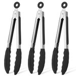 Hotec Mini Silicone Kitchen Tongs for Cooking - 7-Inch Small Serving Tongs with Silicone Tips, Set of 3 (Black)