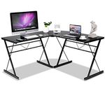 Tangkula L- Shaped Corner Desk, Corner Computer Desk, Modern Simple Style 3-Piece Metal Frame Study Laptop Desk Writing Gaming Table, Computer Workstation with Glass Top, Home Office Studio