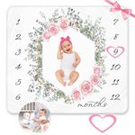 KEMINA BLANKETS Baby Monthly Milestone Blanket Floral, Baby Milestone Blanket for Baby Girl Includes Heart Frame, Monthly Baby Milestone, Baby Girl Month Blanket, 50x40