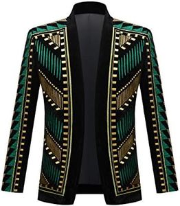 PYJTRL Mens Stylish Court Prince Black Velvet Gold Embroidery Blazer Suit Jacket (Green Gold, 3X_l)