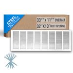 32"W x 10"H [Duct Opening Measurements] Steel Return Air Grille (HD Series) Vent Cover Grill for Sidewall and Ceiling, White | Outer Dimensions: 33.75"W X 11.75"H for 32x10 Duct Opening