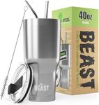 Beast Tumbler - 1100 ml (40 oz), Silver | Reusable Stainless Steel, Vacuum Insulated Cup | with + 2 Straws & Cleaning Brush | Double Wall Travel Flask Perfect for Hot or Iced Coffee | BPA Free