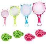 Fine Mesh Strainer Colander, 4 Pcs Plastic Food Soy Milk Flour Sieve Long Handle Icing Sugar Sifters Strainer Tea Filter and 4 Pcs Silicone Foldable Funnel for Kitchen,for Washing, rinsing.