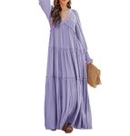 R.Vivimos Maxi Dress for Women Long Sleeve V Neck Empire Waist Layered Ruffle Boho Casual Flowy Long Dresses, Purple, X-Large