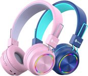 [2 Pack] iClever BTH03 Kids Wireless Headphones - Colorful Lights Headphones for Kids with MIC, Volume Control Online Schooling - Children Headsets on Ear for School iPad Tablet Airplane, Blue/Pink