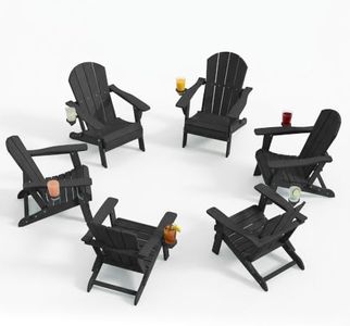 PLUUV Folding Adirondack Chair Set of 6, Easy Storage Space Saving, 380 LBS Capacity Weather Resistant HDPE with Two-Cup Holder for Outdoor Patio Fire Pit Gathering, Black