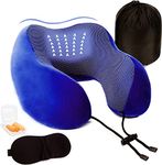 VASLON Travel Neck Pillow,Soft and Comfortable Memory Foam Neck Cushion,Head & Chin Support Travel Pillow Machine Washable for Travel Flight Car Bus Train,with 3D Eye Mask,Earplugs,Luxury Bag (Blue)