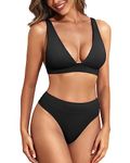 Yonique Thong Bikini Set High Waisted Two Piece Swimsuit High Cut Bikini V Neck Bathing Suit, Black, XXL