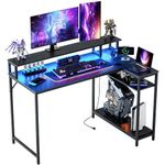 WASAGUN L Shaped Desk,Computer Desk,Gaming Desk,47.2inches(120cm) Wide with Outlet,Corner Desk with Led Lights,PC Desk,Study Table with Rack and Storage,Home Office Desk,Space Saving,Reversible,Black