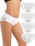 LIQQY Women's 4 Pack Cotton Mid Rise Pretty Lace Back Full Coverage Brief Panty Underwear (White, Large)