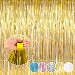 ILLUVA Metallic Tinsel Foil Fringe Curtains, Photo Booth Backdrop Hanging Door Streamers for Birthday Party Decorations,3.2Ft x 6.56Ft (Glod)