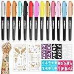 TUSGENK Temporary Tattoo Pen, Removable Body Markers for Skin, Multi-colored Henna Tattoo Kit with 13 Tattoo Pen+50 Paint Stencils+43 Tattoos Stickers for Teen/Adult Fancy Dress Christmas Gifts