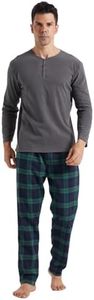 LANBAOSI Pajamas for Men Set Long Sleeve Henley Microfleece Shirt Plaid Flannel Pants Comfy Pjs Sleepwear Plush Loungewear Green