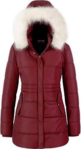 Chrisuno Women's Winter Warm Coats Puffer Jacket Long Drawstring Waterproof Snow Parka With Removable Faux Fur Trim Hood, Burgundy, Small