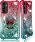 Zase Galaxy A15 5G Clear Phone Case Liquid Glitter Sparkly Cute Floating 3D Butterflies Bling Design for Samsung Galaxy A15 Shockproof Waterfall Quicksand w/Phone Ring Holder (Gradient Pink Aqua)