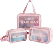 Salepush Cosmetic Wash Bag Makeup Pouch Travel Transparent Toiletry Zipper Wash Bag with Handle Household Grooming Kit Portable Organizer Pouch for Women - Men. (3 pcs Pink wash Bag)