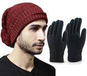 Weavers Villa Set of Snow Proof Inside Fur Acro Wool Unisex Beanie Cap Knit Hat Thick Fleece Lined Winter Cap wIth Gloves for Men & Women, Free Size (IN, Alpha, Free Size, MAROON)