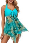 MiYang Vintage Sailor Pin Up Swimsuit Two Pieces Cover Up Bowknot Swimdress Green Flower Medium