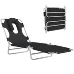 Outsunny Folding Lounge Chair Outdoor, Tanning Chair with Face Hole Arm Slots, Beach Chaise Lounger with Pillow, 5-Position Adjustable Portable Sun Lounger Bed for Pool, Black
