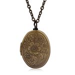 HUNO Vintage Engraved Flower Photo Locket Picture Pendant Necklace Antique Carved Pattern Memorial Jewelry for Women