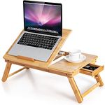 COSTWAY Bamboo Laptop Stand for Bed, Folding Adjustable Laptop Tray Bed Table with Tilting Top and Storage Drawer, Portable Notebook Lap Desk Breakfast Serving Tray Drawing Table, Natural