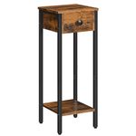 HOOBRO Slim Bedside Table, Bedside Table with Drawer, Small Side Table with Metal Frame, Tall Telephone Table for Small Spaces, Narrow Nightstand, Sturdy, Rustic Brown and Black EBF771BZ01