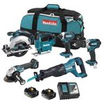 Makita 6-Tool LXT Combo Kit DLX6138MX1, 18V Cordless Power Tools Set with Hammer Drill, Impact Driver, Angle Grinder, Reciprocating Saw, Circular Saw, Jig Saw, 2X 4.0Ah Batteries, Charger and tool Bag