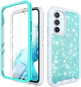 TJS Compatible for Samsung Galaxy A15 5G Case, with [Built-in Screen Protector], Full-Body Drop Protector Cover Glitter Bling Cute Girls Women Design Hybrid Phone Case (Teal)