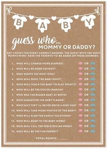 Party Hearty Baby Shower Game Rustic Kraft,, Mommy or Daddy Guess Who Game, Set of 50 Cards, 5x7 inches, Gender Neutral Boy or Girl, Fun, Unique and Easy to Play Activity and Prizes for Game Winners