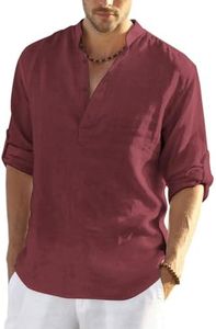 COOFANDY Men's Cotton Linen Henley T-Shirts Long Sleeve Hippie Casual Beach T-Shirts Wine Red