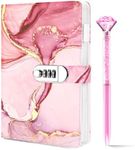 Koogel Diary with Lock for Girls and Women, A5 PU leather Journal with Lock 120 Sheets for Girls Gifts Presents Password Locked Travel Notebook with Crystal Diamond Pen Pink