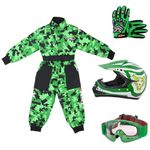 Zorax Green CAMO M (7-8 Years) Kids Suit & Gloves M(6cm) & Goggles & Zorax M (51-52cm) ZOR-X17 Kids Motocross Helmet ECE 2206, Children Motorbike Motorcycle Helmet Set