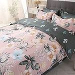 Koudi Floral Duvet Cover Set Twin Pink Grey Reversible Soft Microfiber Kids Girls Bedding Set Botanical Flowers Leaves Comforter Cover with Zipper Ties for Teen Girls